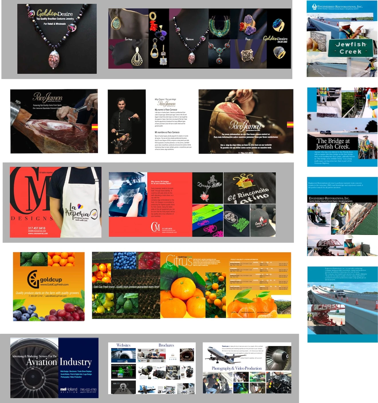 Collection of brochures for Miami-based companies.
